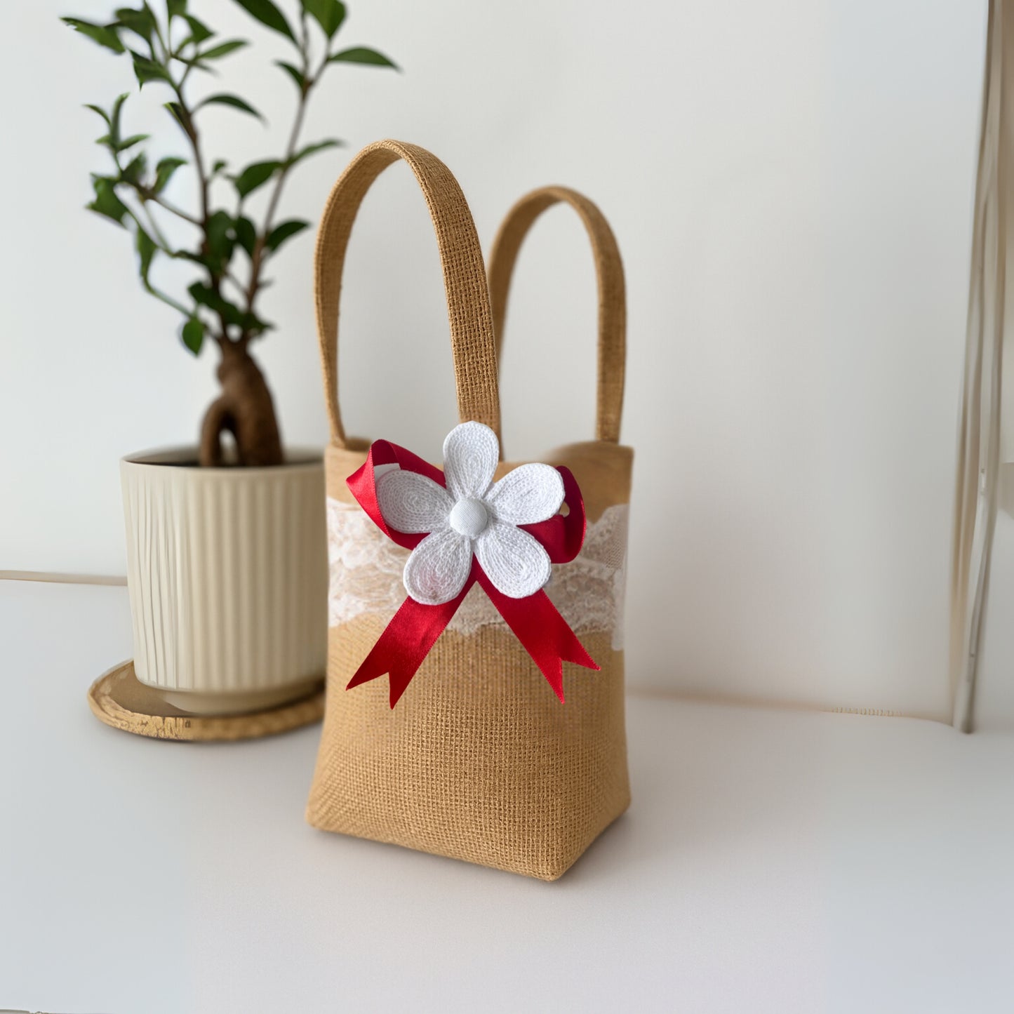 Set of 3  Burlap Flower Basket Wedding Candy Gift Basket for Wedding Ceremony Party Christmas, Diwali  Gifting - Red