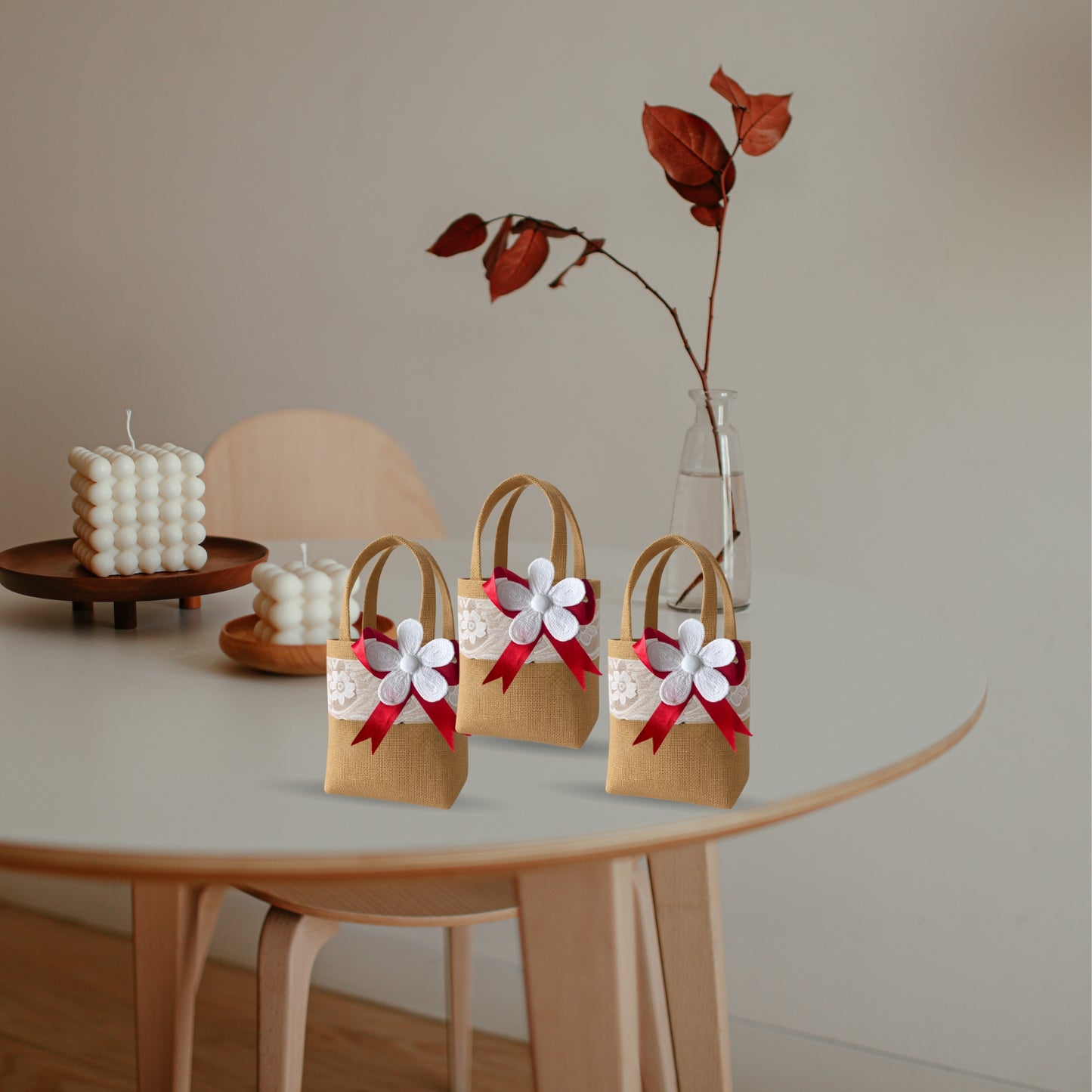Set of 3  Burlap Flower Basket Wedding Candy Gift Basket for Wedding Ceremony Party Christmas, Diwali  Gifting - Red