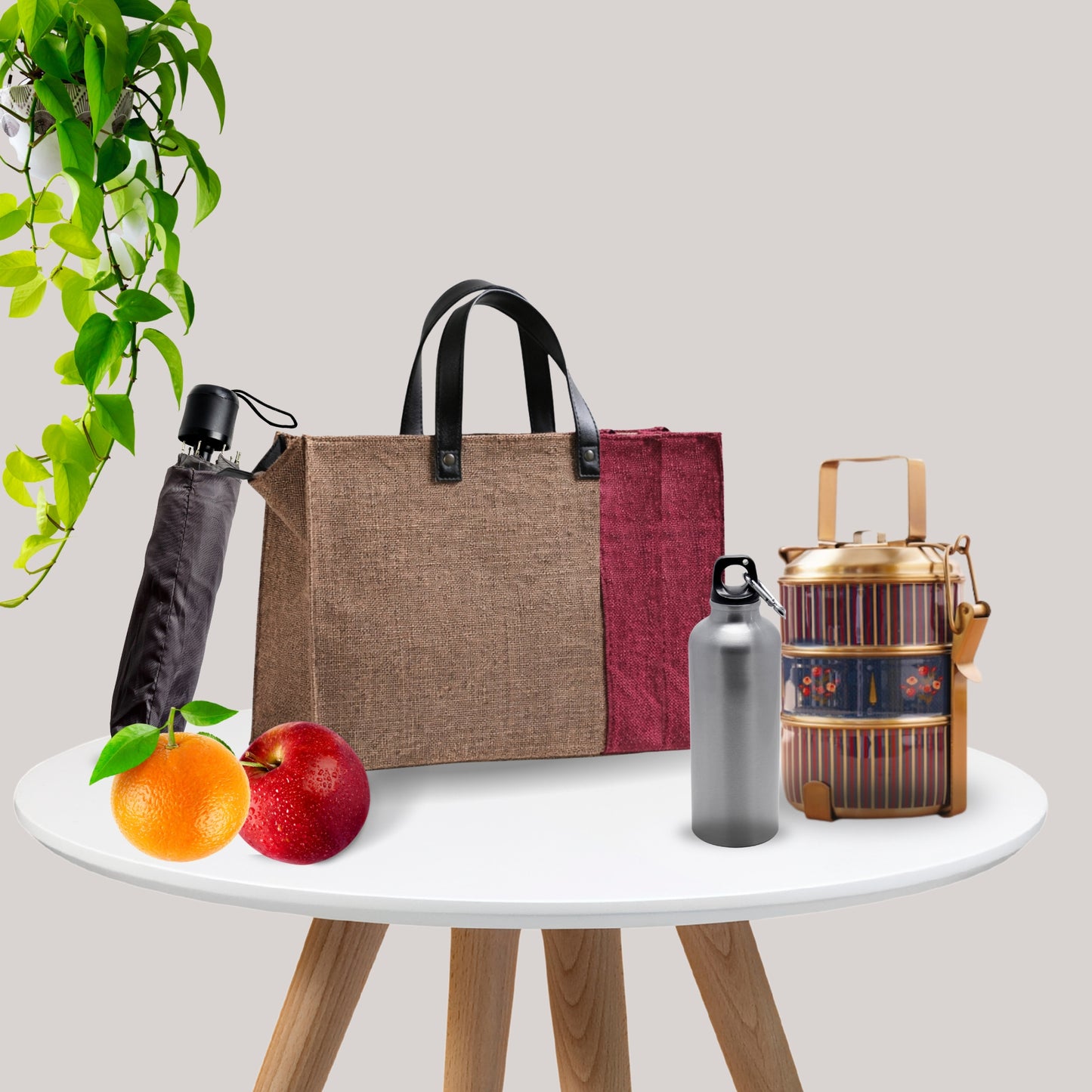Large Eco Friendly Multipurpose Jute Lunch Bag Beige And Red