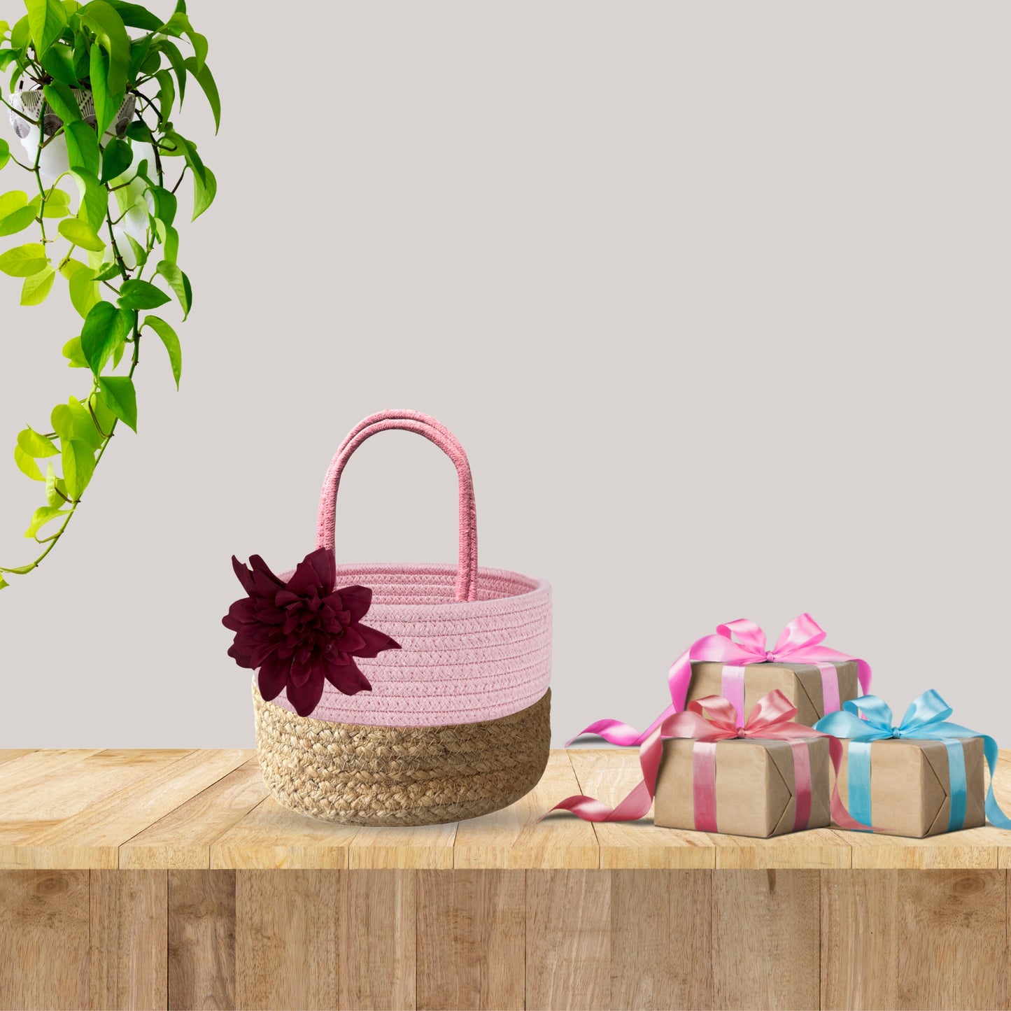 Pink Gift Hamper Basket Jute and Cotton  for Wedding Ceremony Party Christmas, Diwali  Gifting