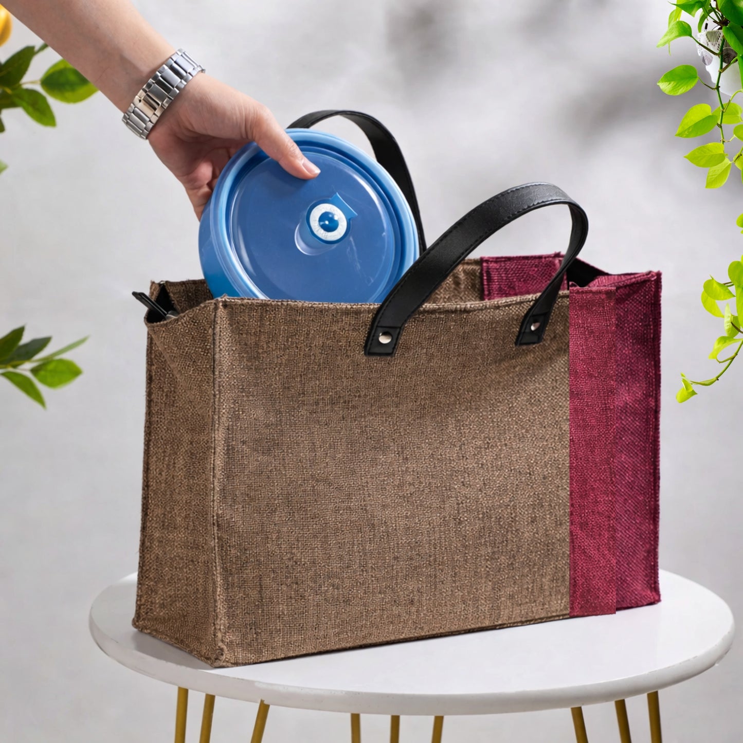 Large Eco Friendly Multipurpose Jute Lunch Bag Beige And Red