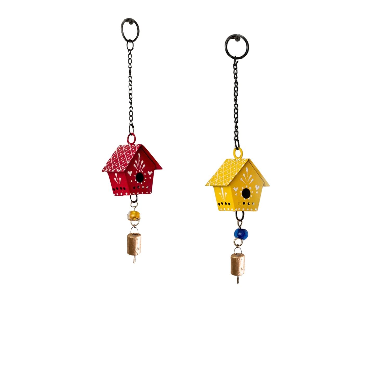 Little Hut Fusion (Set Of -2 ) Hand Painted Hanging Ornaments  For Home Decor, Wind Chimes- Yellow & Red
