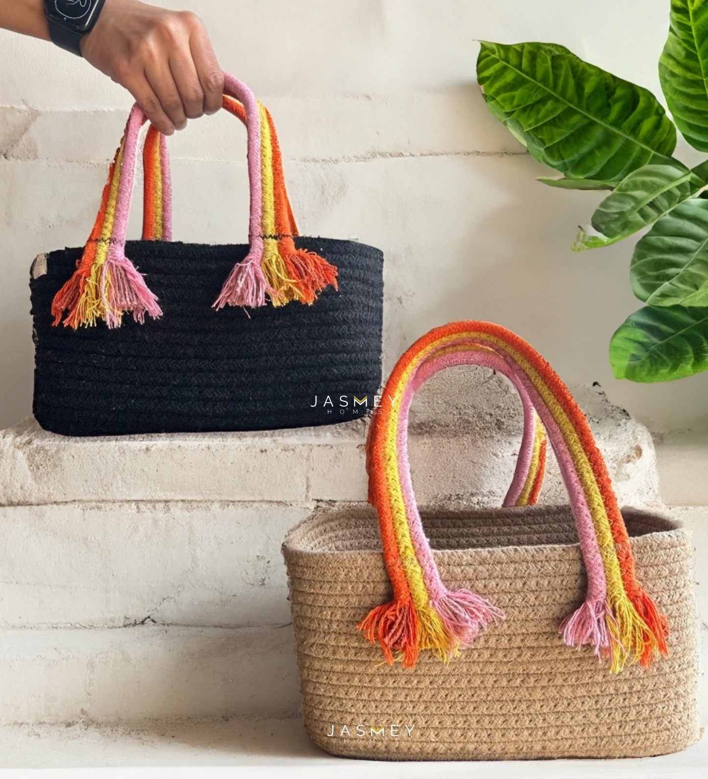 Set of 2 Boho Baskets - Black & Beige