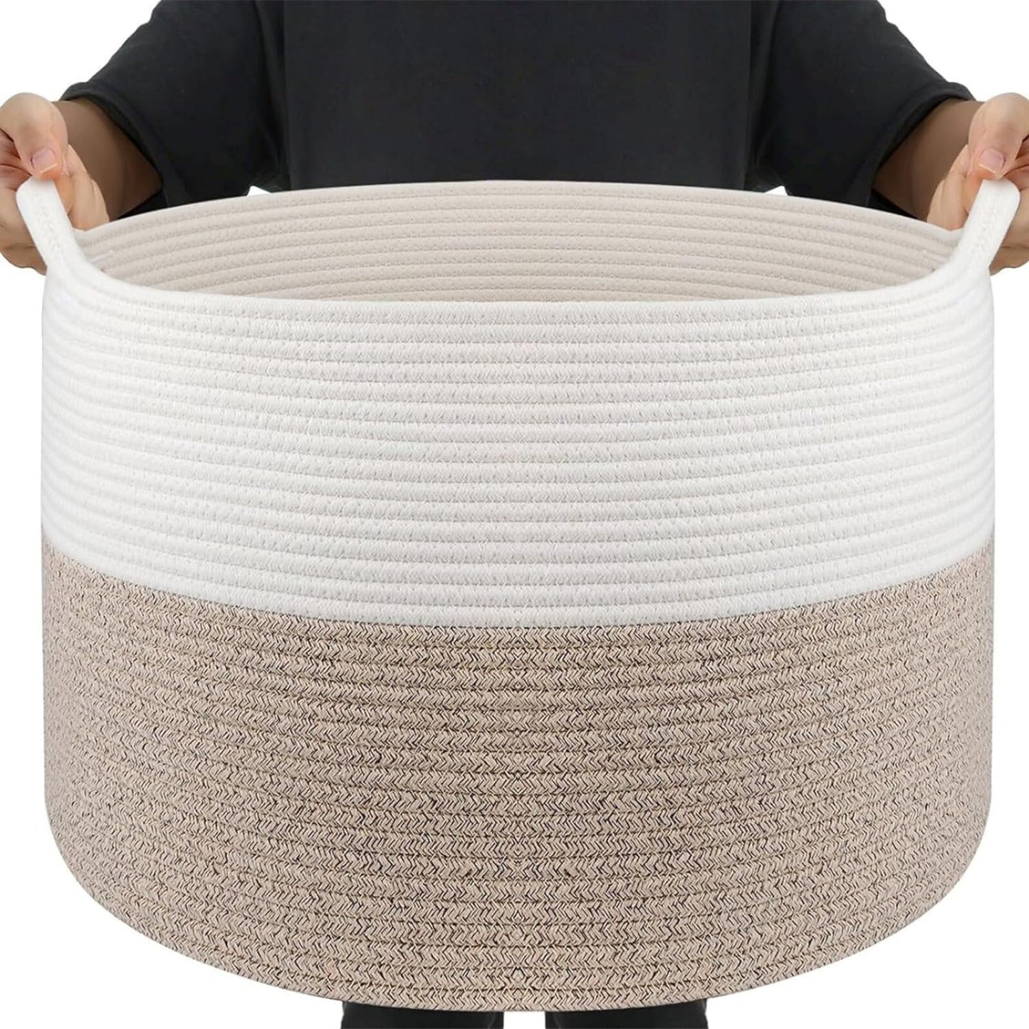Modern Spacious Cotton Rope Basket - White & Beige - jasmeyhomes