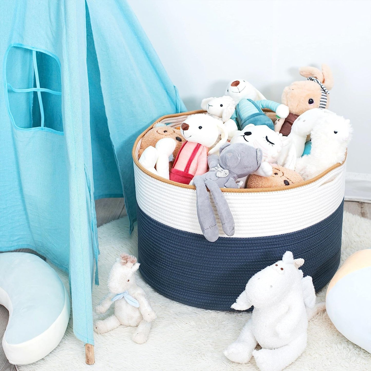 Modern Spacious Cotton Rope Basket - White & Blue