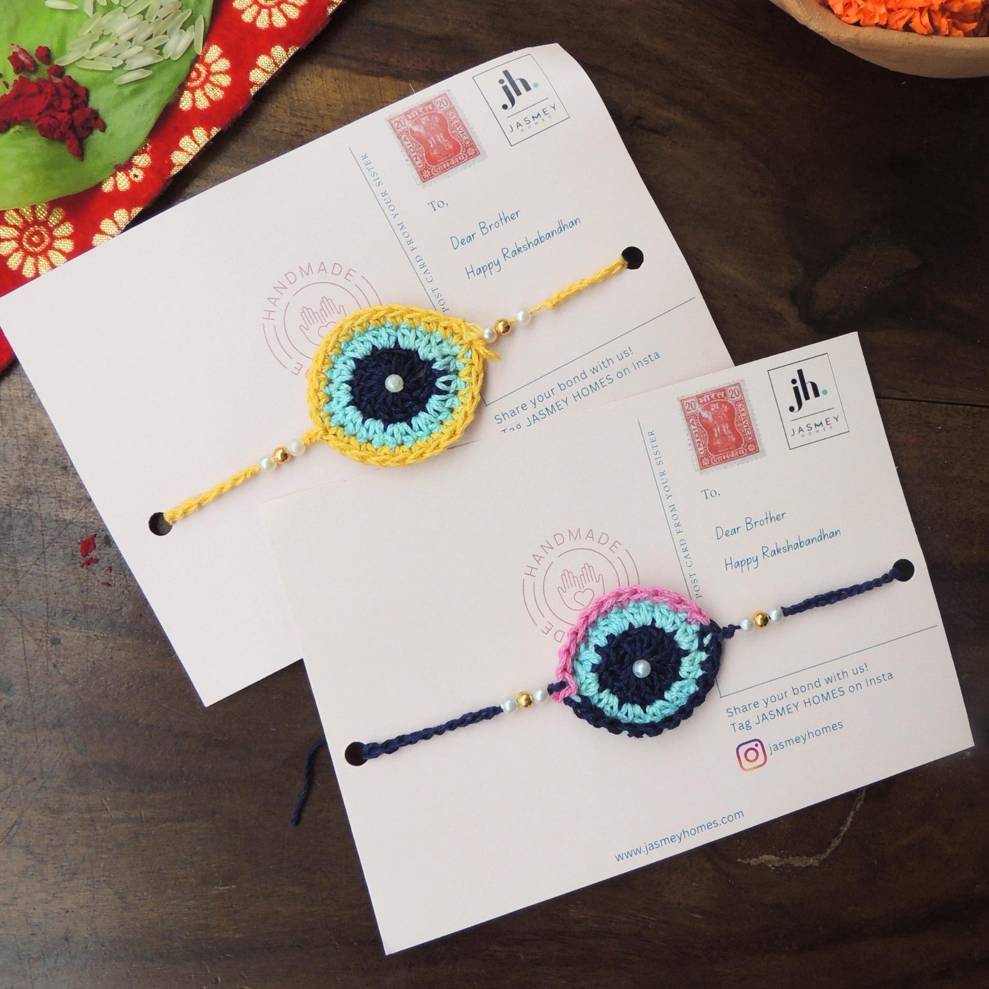 Set of 2 EVIL EYE Rakhi for Brother with Post Card - jasmeyhomes