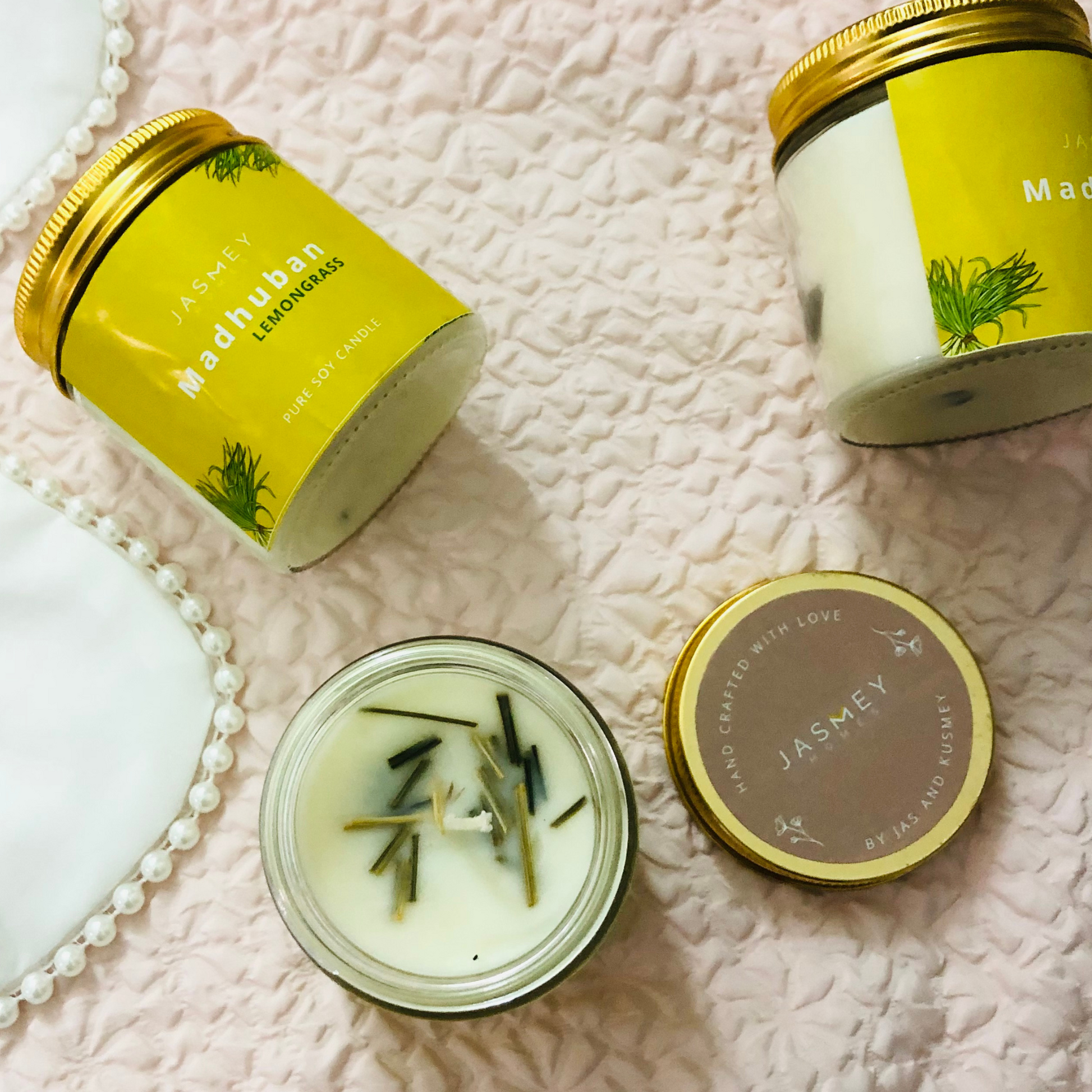 JASMEY HOMES | SET OF 2 SCENTED CANDLE- LEMON GRASS AND ROSE  - PURE SOY - jasmeyhomes