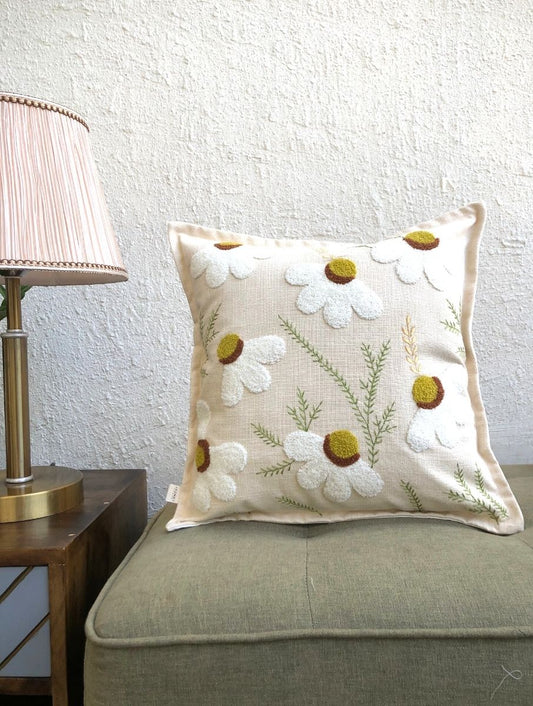 Embroidered Cushion Cover - Daisy White - jasmeyhomes