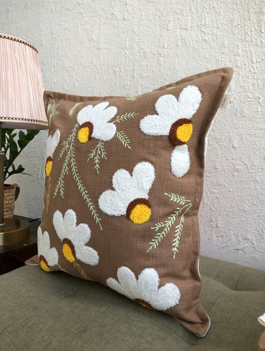 Embroidered Cushion Cover - Daisy Brown - jasmeyhomes