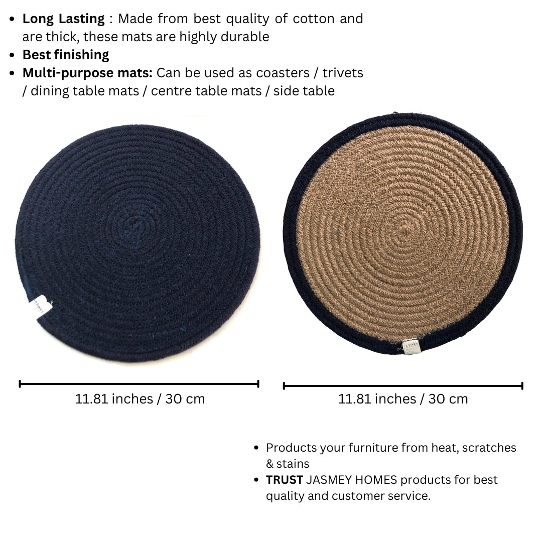 JASMEY HOMES Two-Sided Cotton Tablemats/Placemats Heat Resistant Dining Table Place Mats for Kitchen Coffee Table Wedding Party (12 inches / 30 cm Round) Blue, Set of 2 - jasmeyhomes