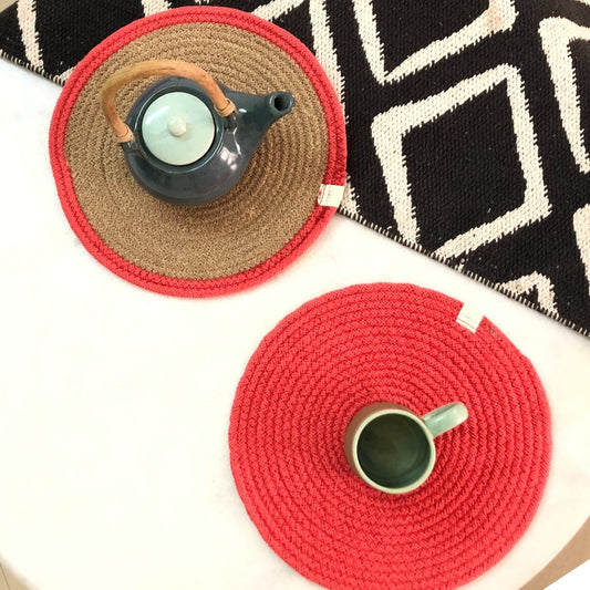 JASMEY HOMES Two-Sided Cotton Tablemats/Placemats Heat Resistant Dining Table Place Mats for Kitchen Coffee Table Wedding Party (12 inches / 30 cm Round) Coral, Set of 2 - jasmeyhomes