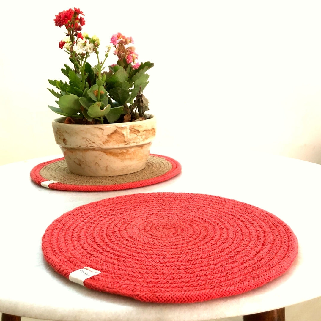 JASMEY HOMES Two-Sided Cotton Tablemats/Placemats Heat Resistant Dining Table Place Mats for Kitchen Coffee Table Wedding Party (12 inches / 30 cm Round) Coral, Set of 2 - jasmeyhomes