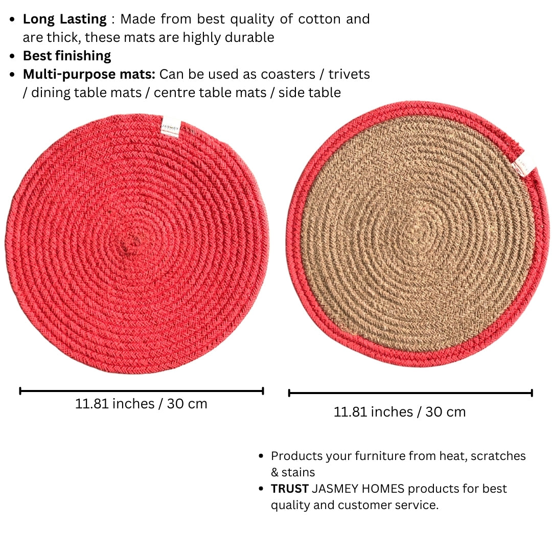 JASMEY HOMES Two-Sided Cotton Tablemats/Placemats Heat Resistant Dining Table Place Mats for Kitchen Coffee Table Wedding Party (12 inches / 30 cm Round) Coral, Set of 2 - jasmeyhomes