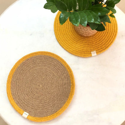 JASMEY HOMES Two-Sided Cotton Tablemats/Placemats Heat Resistant Dining Table Place Mats for Kitchen Coffee Table Wedding Party (12 inches / 30 cm Round) Yellow, Set of 2 - jasmeyhomes