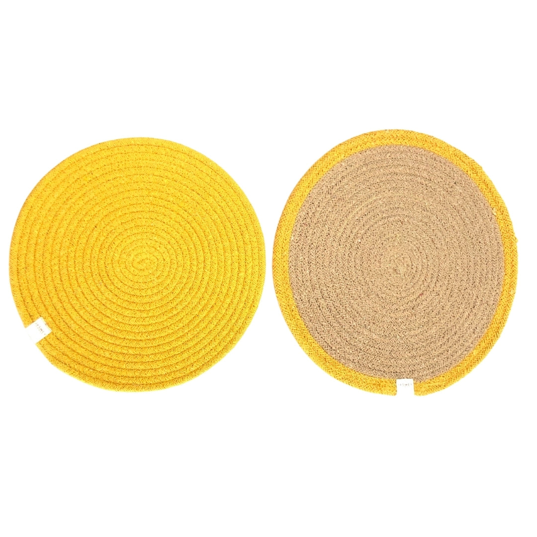 JASMEY HOMES Two-Sided Cotton Tablemats/Placemats Heat Resistant Dining Table Place Mats for Kitchen Coffee Table Wedding Party (12 inches / 30 cm Round) Yellow, Set of 2 - jasmeyhomes